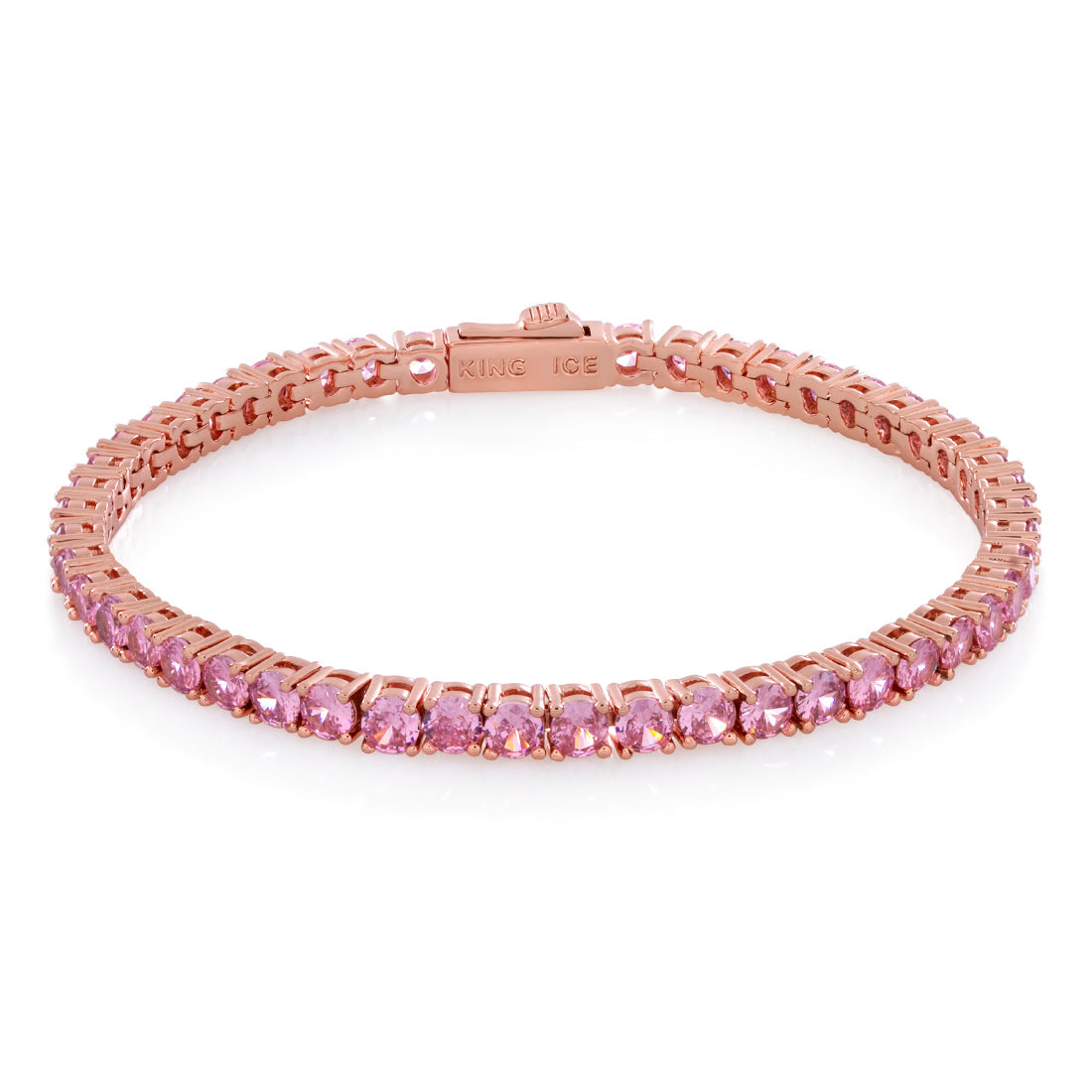 4mm Pink Tennis Bracelet  in  Gold Plated / Rose Gold / 7" by King Ice