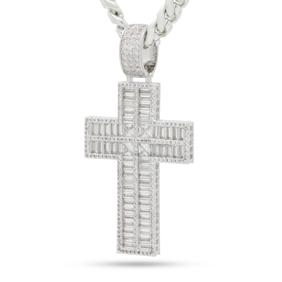 Baguette Cut Cross Necklace  in  White Gold / 2.6" by King Ice