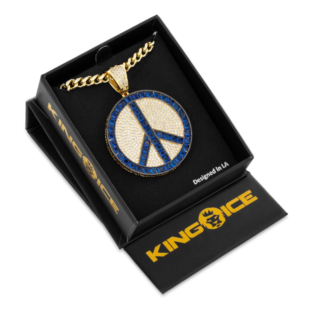 Blue Peace and Love Medallion Necklace  in  14K Gold / 2.2" by King Ice