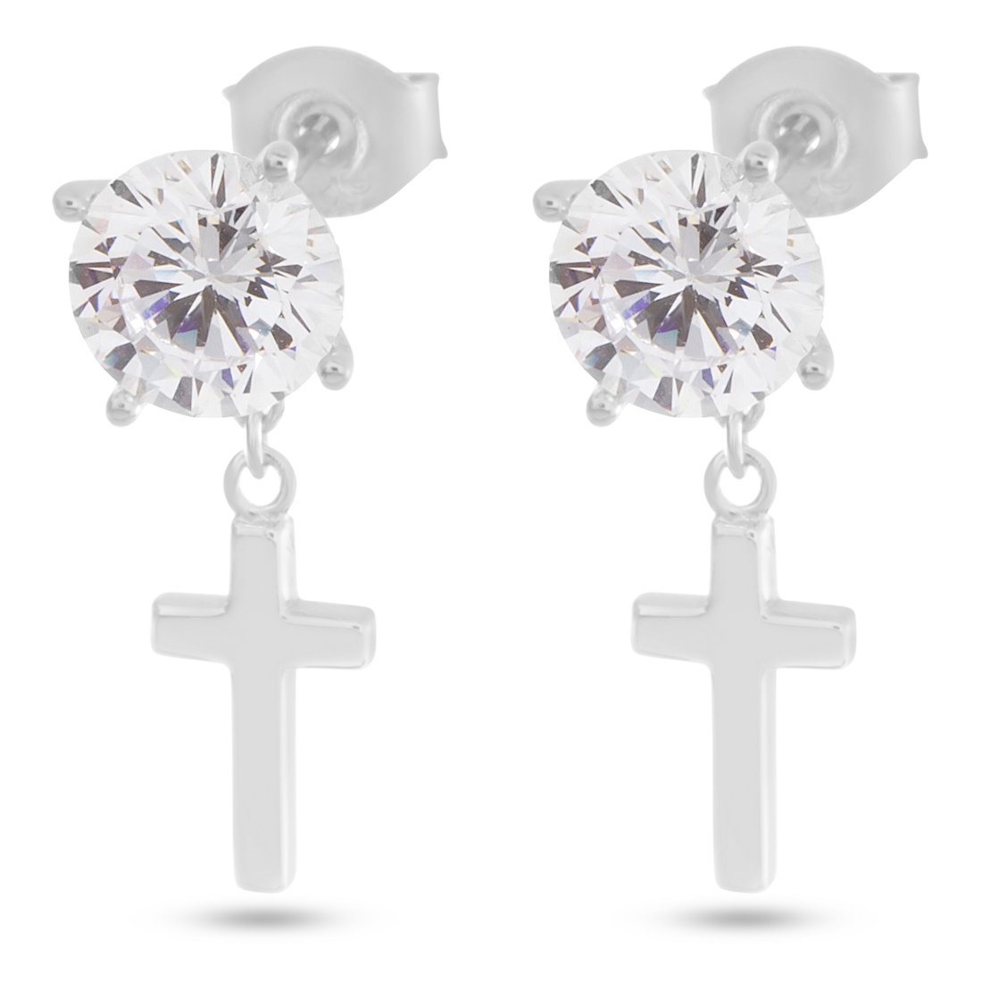 Brilliant-Cut Hanging Cross Earrings  in  Sterling Silver / White Gold / 0.8" by King Ice