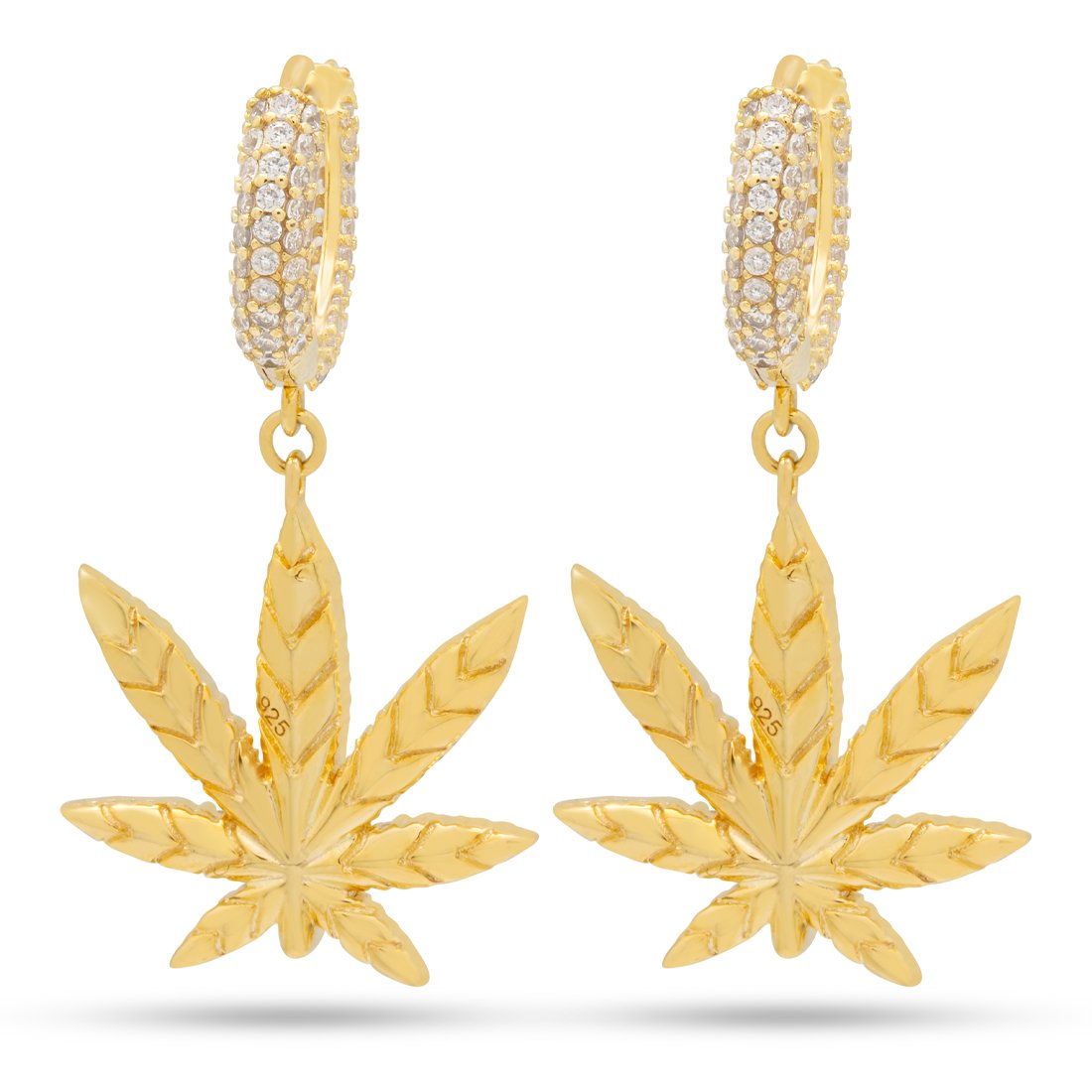 Iced Cannabis Leaf Hanging Earrings  in  Sterling Silver / 14K Vermeil / 1.3" by King Ice