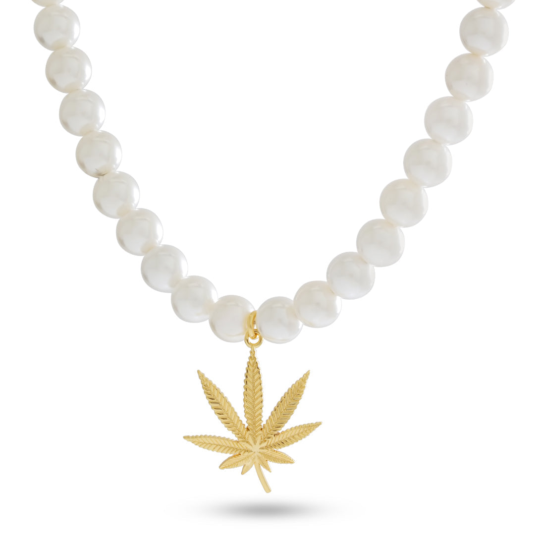 Cannabis Leaf Pearl Necklace  in  Gold Plated / 14K Gold / 1.2" by King Ice