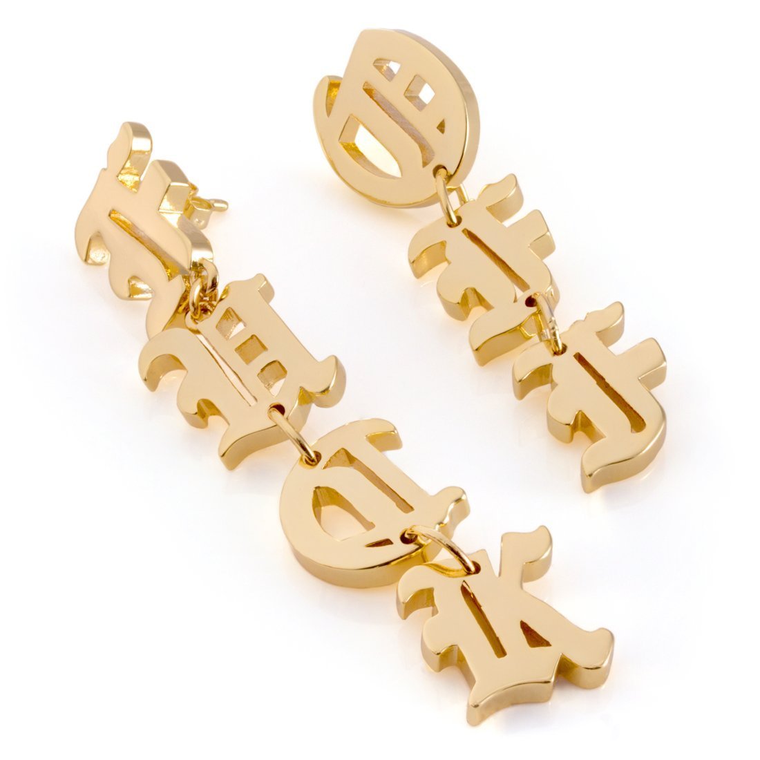 Fuck Off Hanging Earrings  in  Gold Plated / 14K Gold / 2.5" by King Ice