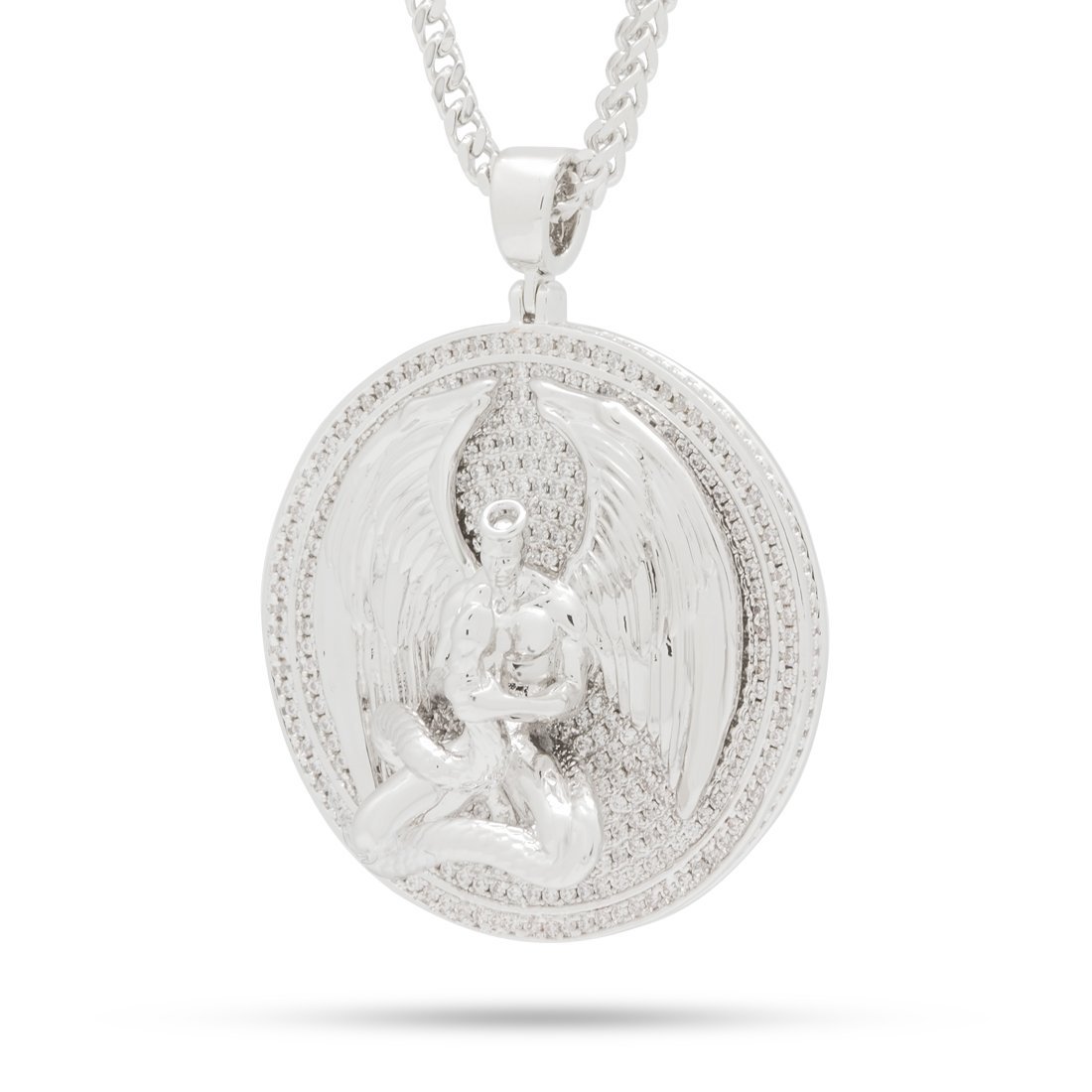 Good vs. Evil Angel Medallion Necklace  in  White Gold / 2.2" by King Ice