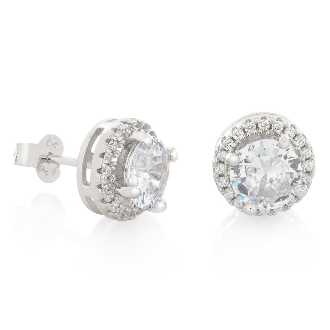 Halo Brilliant-Cut Stud Earrings  in  Sterling Silver / White Gold / 10mm by King Ice