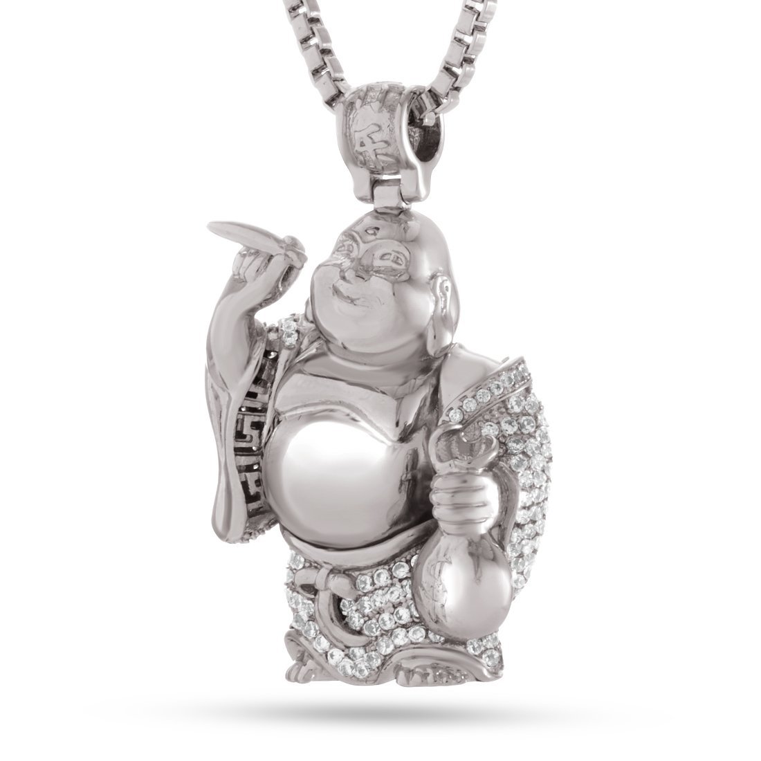 Iced Laughing Buddha Necklace  in  White Gold / 1.6" by King Ice