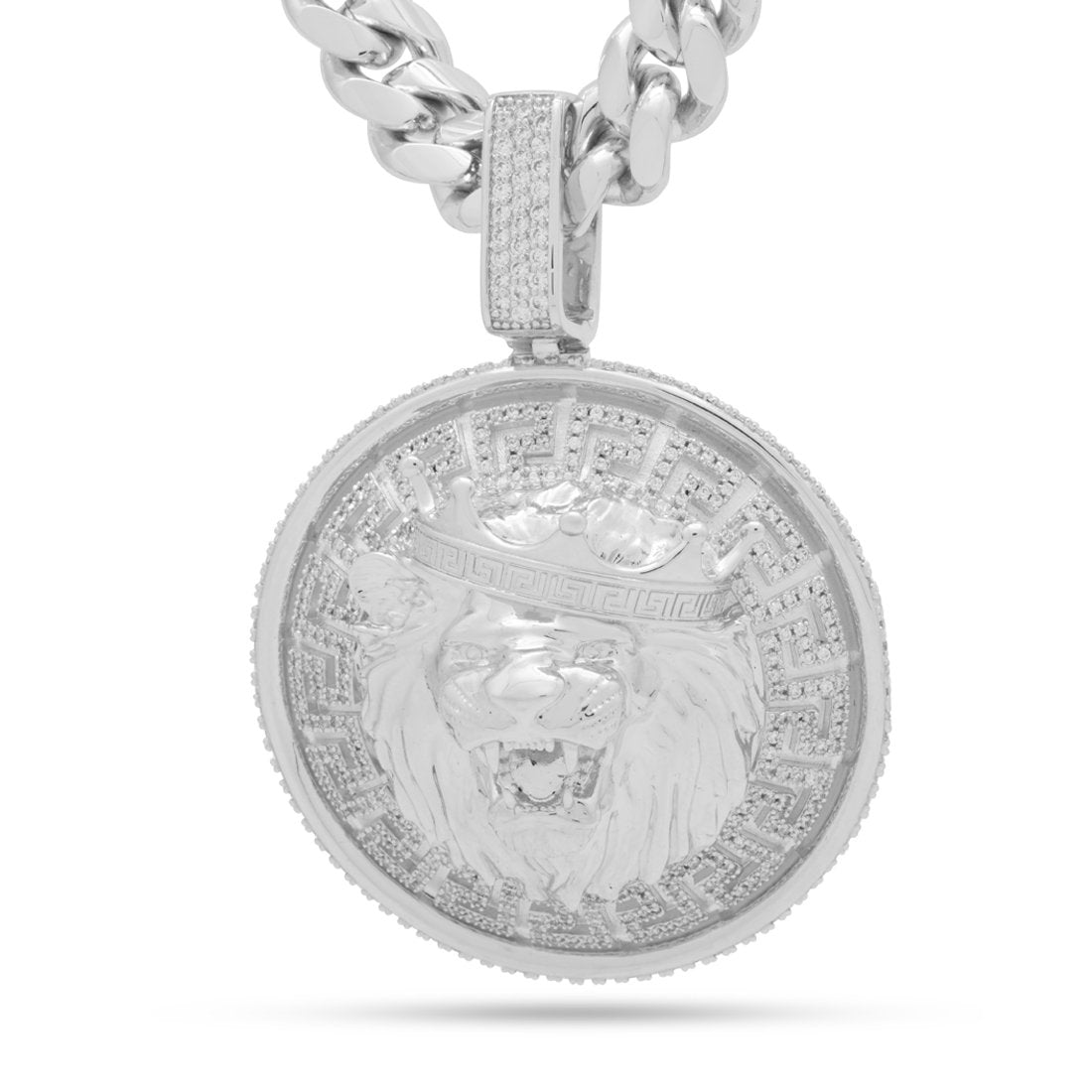 Lion Shield Necklace  in  White Gold / 2.6" by King Ice