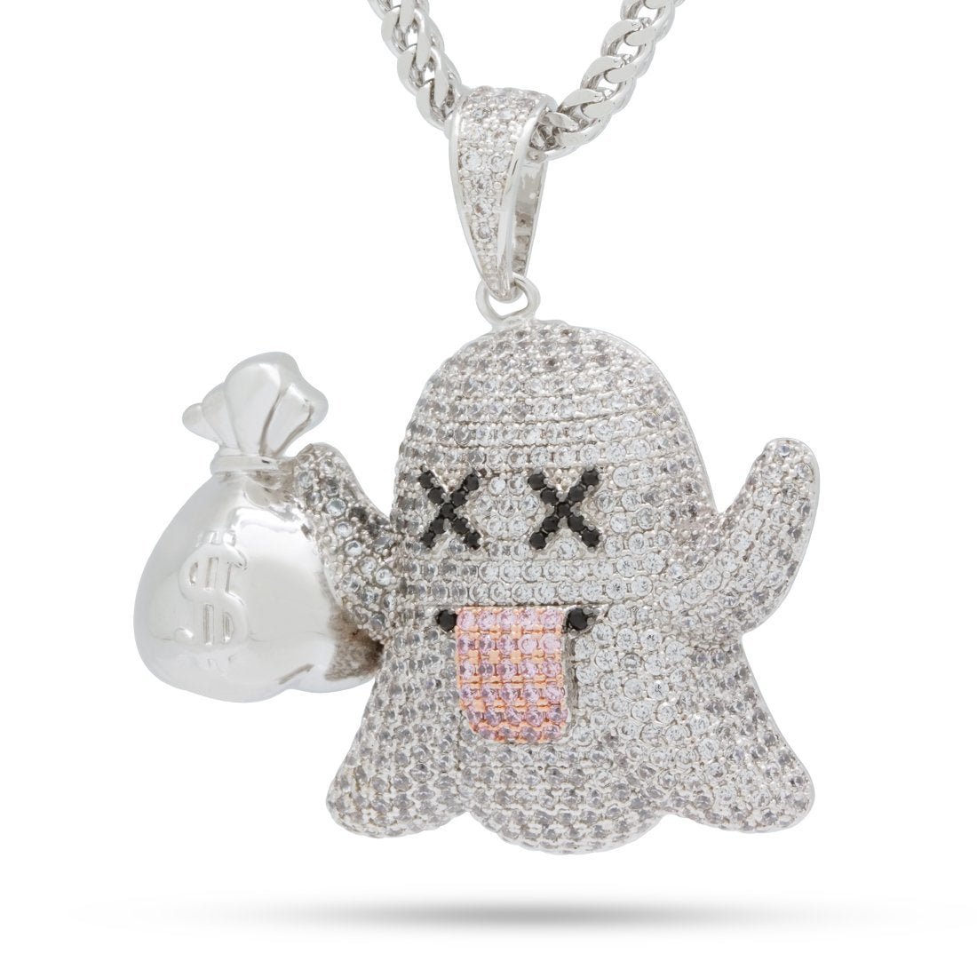 Money Ghost Emoji Necklace  in  White Gold / 1.7" by King Ice