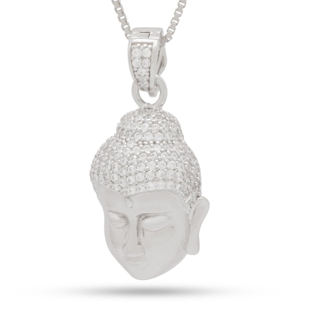 Sterling Silver Awake Buddha Necklace  in  White Gold / 1.3" by King Ice