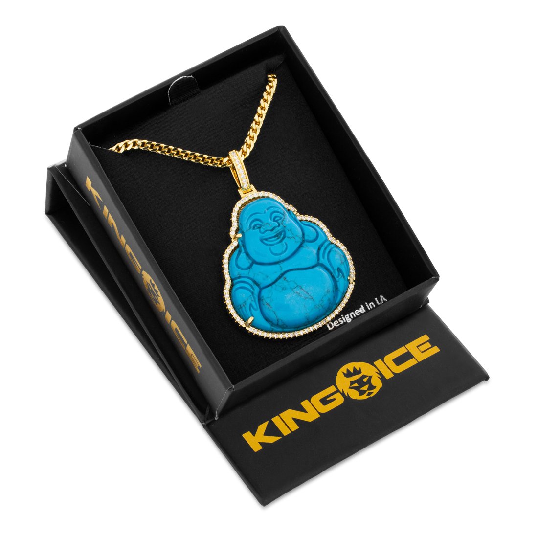 Turquoise Buddha Necklace  in  14K Gold / 2.1" by King Ice