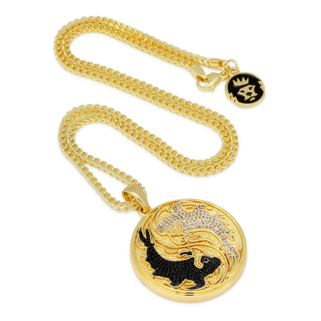 Yin-Yang Koi Fish Medallion Necklace  in  14K Gold / 1.8" by King Ice